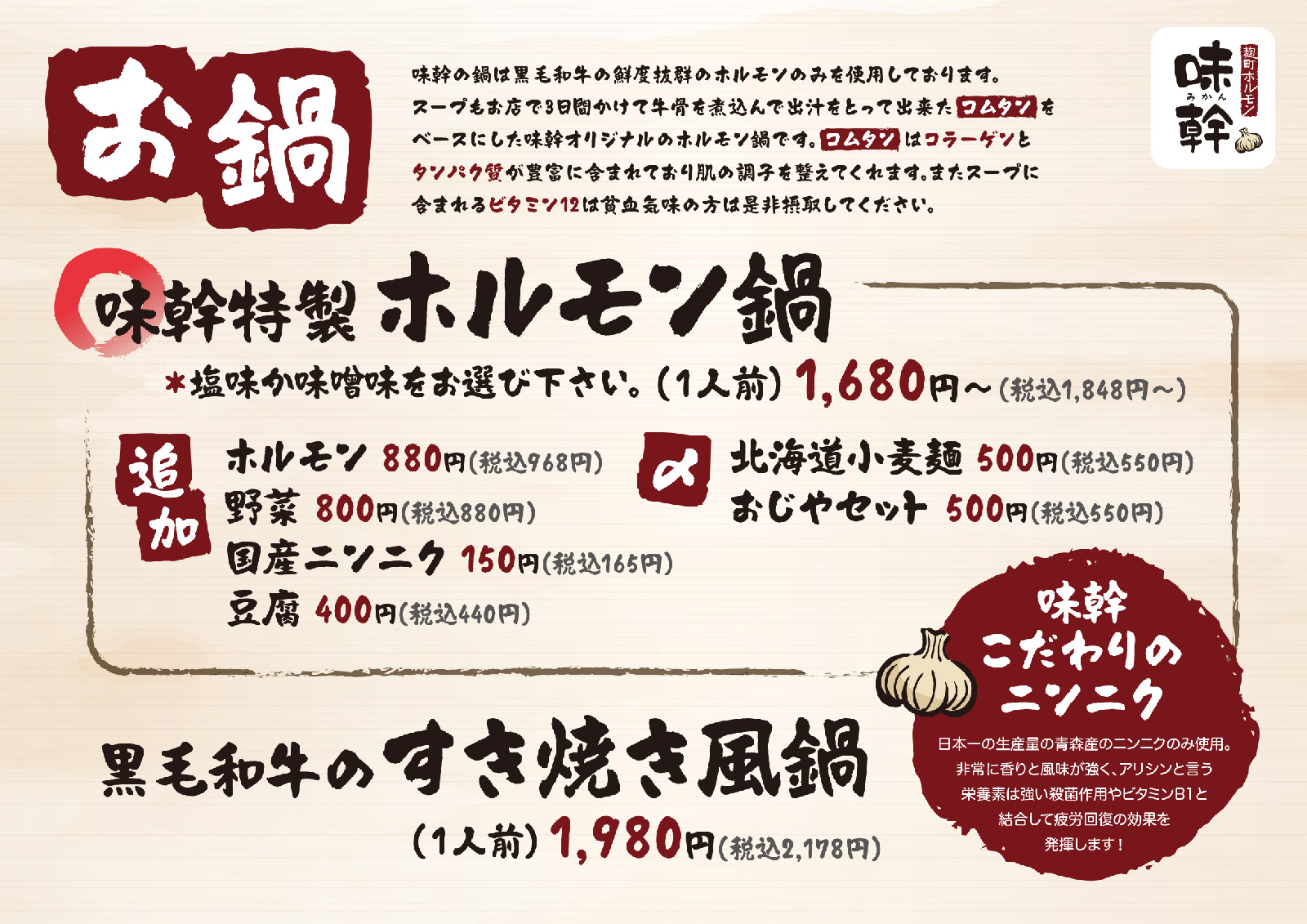 麹町ホルモン 夜メニュー1